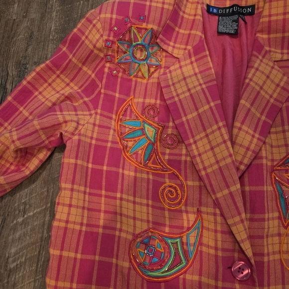 I.B. Diffusion Embroidered Plaid Blazer Jacket Size 10 Pink Orange Vintage 90s - Picture 9 of 14